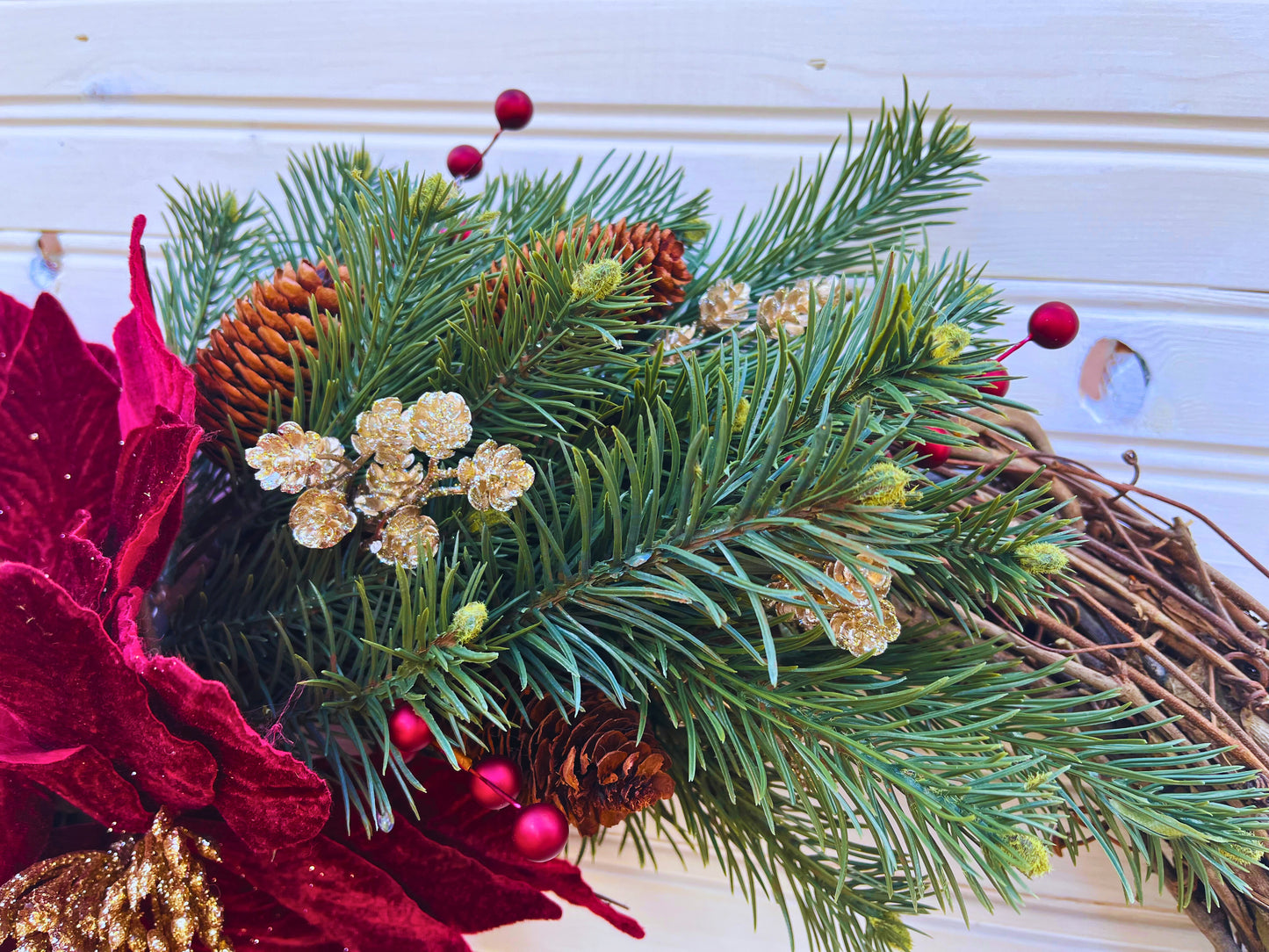 Festive Pine & Red Velvet Poinsettia Grapevine Wreath